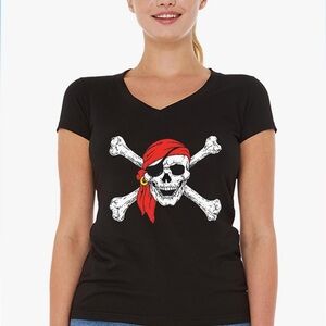 shop4ever Pirate Buccaneer Costume Women's V-Neck T-Shirt Slim FIT, Sz Large